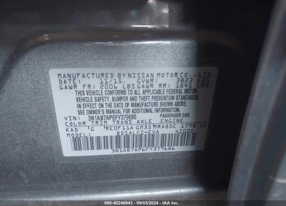 2015 NISSAN SENTRA S VIN: 3N1AB7AP6FY379686