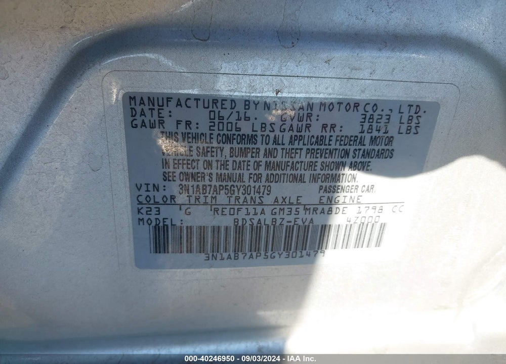 2016 NISSAN SENTRA S VIN: 3N1AB7AP5GY301479