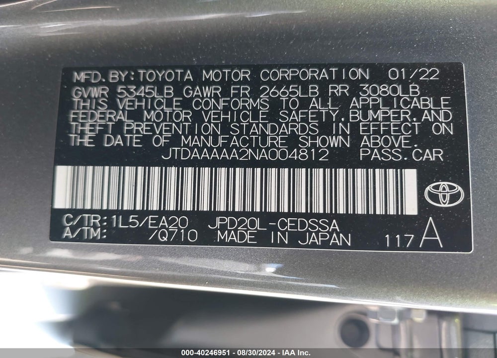 2022 TOYOTA MIRAI XLE VIN: JTDAAAAA2NA004812