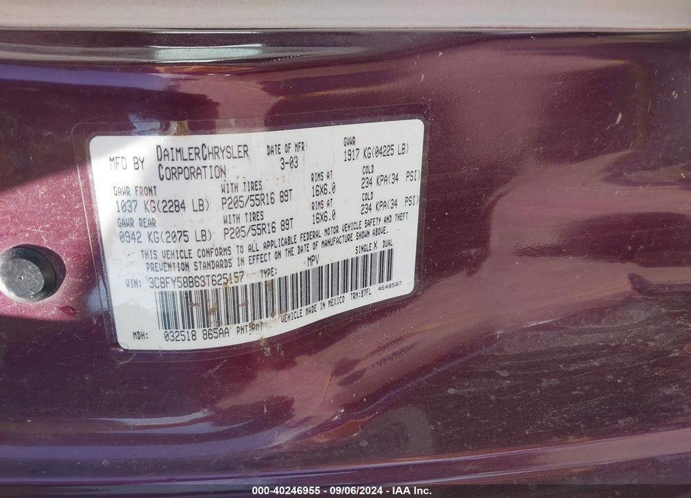 2003 CHRYSLER PT CRUISER TOURING VIN: 3C8FY58B63T625157