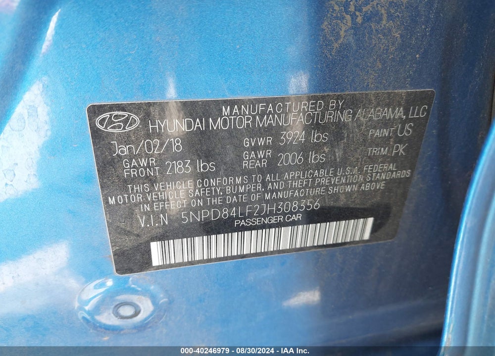 2018 HYUNDAI ELANTRA SEL VIN: 5NPD84LF2JH308356