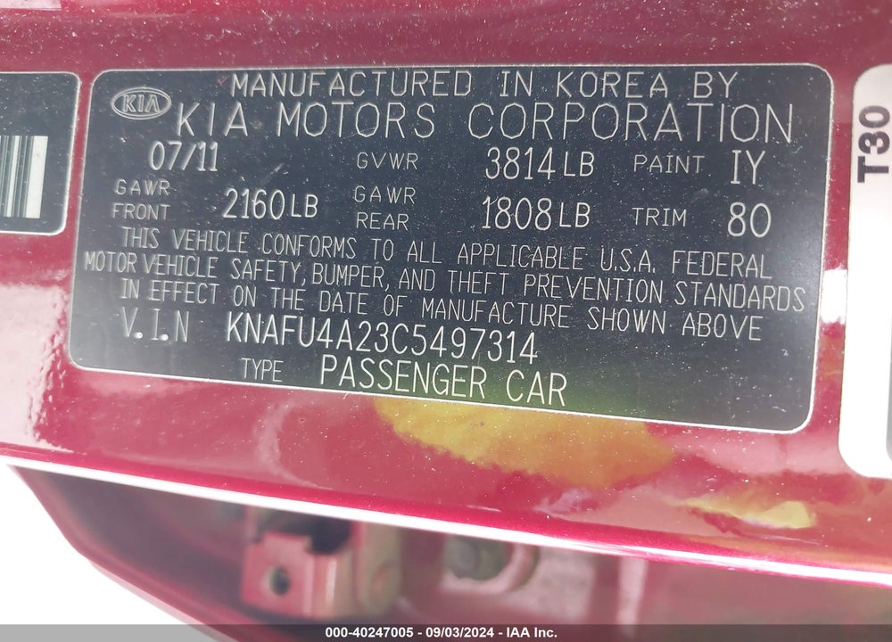 2012 KIA FORTE EX VIN: KNAFU4A23C5497314