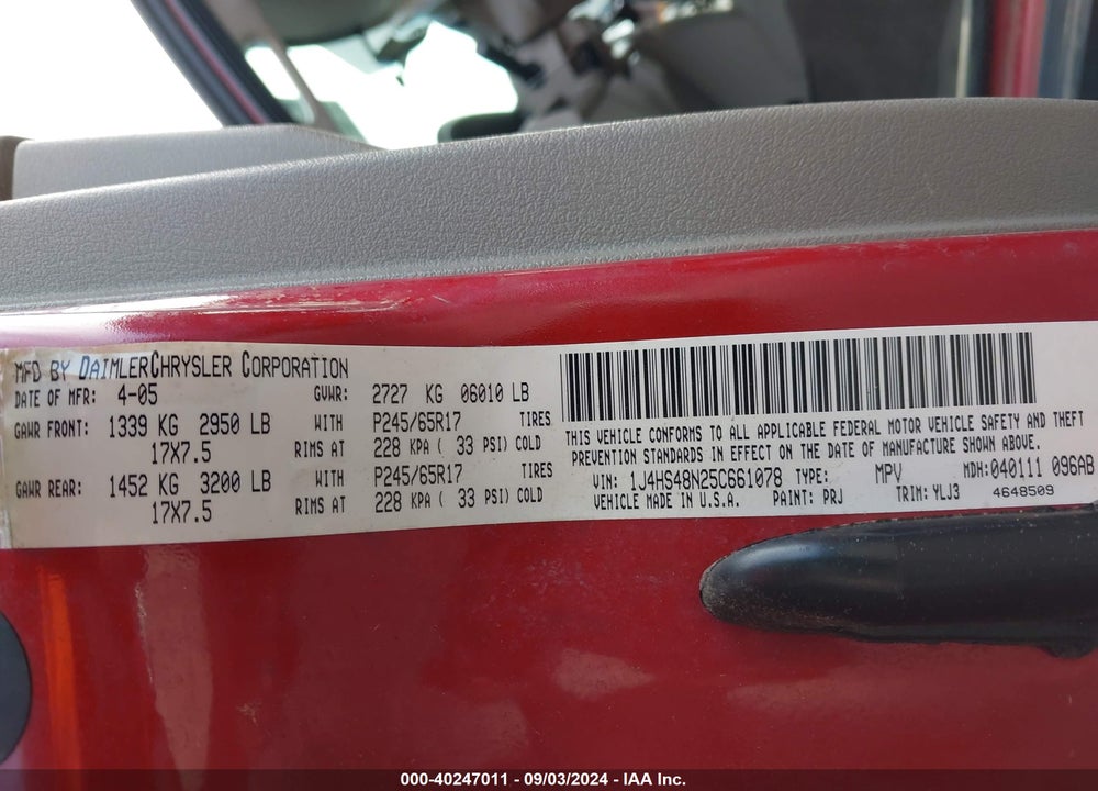 2005 JEEP GRAND CHEROKEE LAREDO VIN: 1J4HS48N25C661078