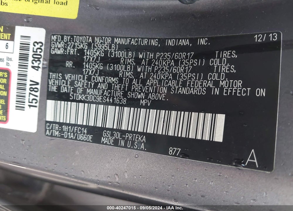 2014 TOYOTA SIENNA LE V6 8 PASSENGER VIN: 5TDKK3DC9ES441638