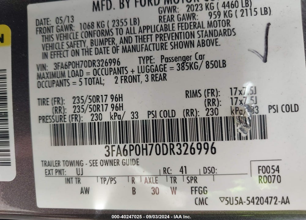 2013 FORD FUSION SE VIN: 3FA6P0H70DR326996