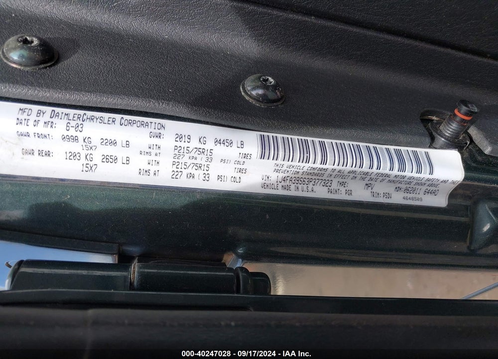 2003 JEEP WRANGLER X VIN: 1J4FA39S63P377323
