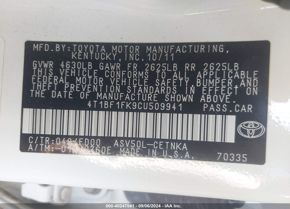 2012 TOYOTA CAMRY LE VIN: 4T1BF1FK9CU509941