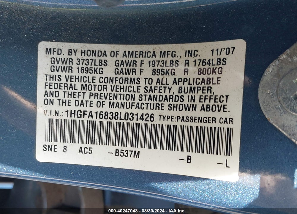 2008 HONDA CIVIC EX VIN: 1HGFA16838L031426