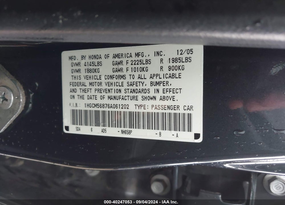 2006 HONDA ACCORD 2.4 EX VIN: 1HGCM56876A061202