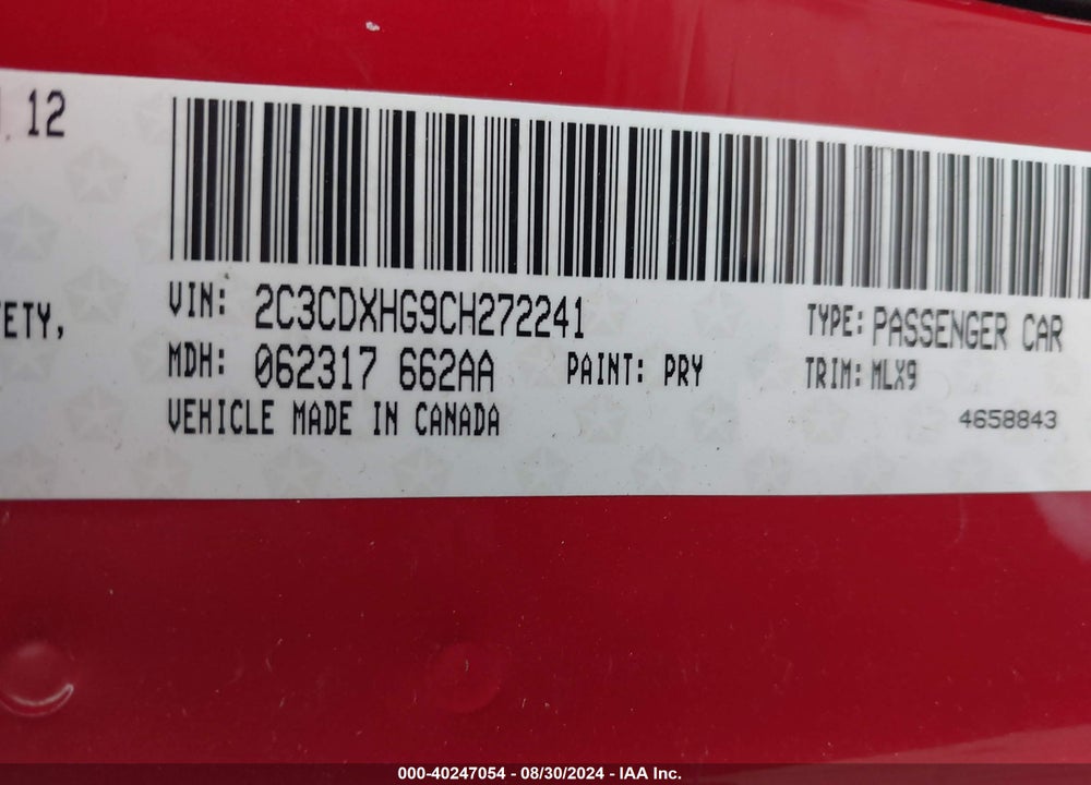 2012 DODGE CHARGER SXT VIN: 2C3CDXHG9CH272241