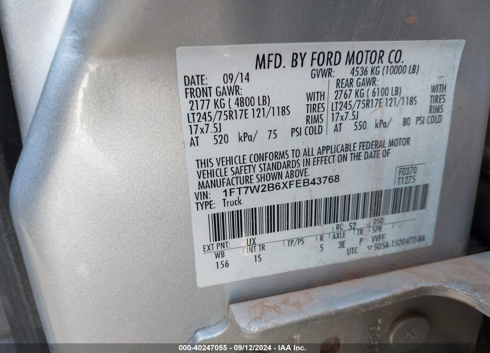 2015 FORD F-250 XL VIN: 1FT7W2B6XFEB43768