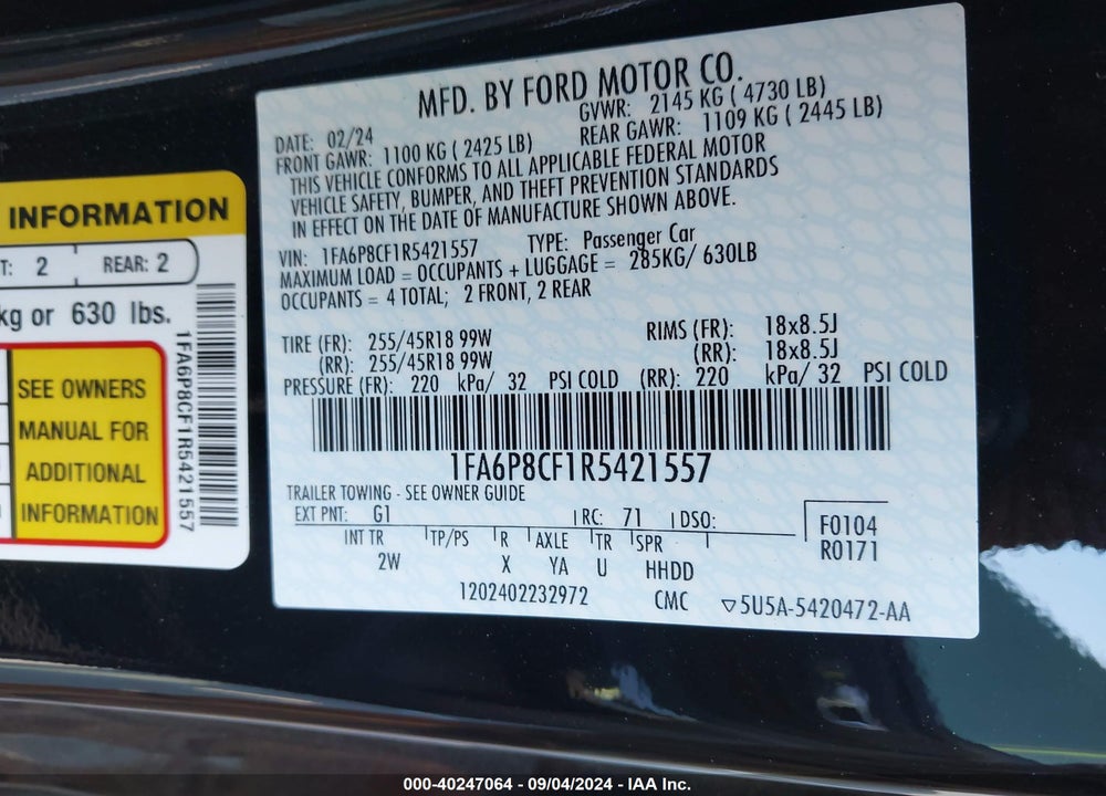 2024 FORD MUSTANG GT FASTBACK VIN: 1FA6P8CF1R5421557