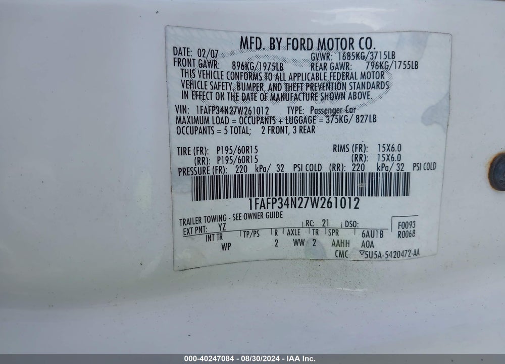 2007 FORD FOCUS S/SE/SES VIN: 1FAFP34N27W261012