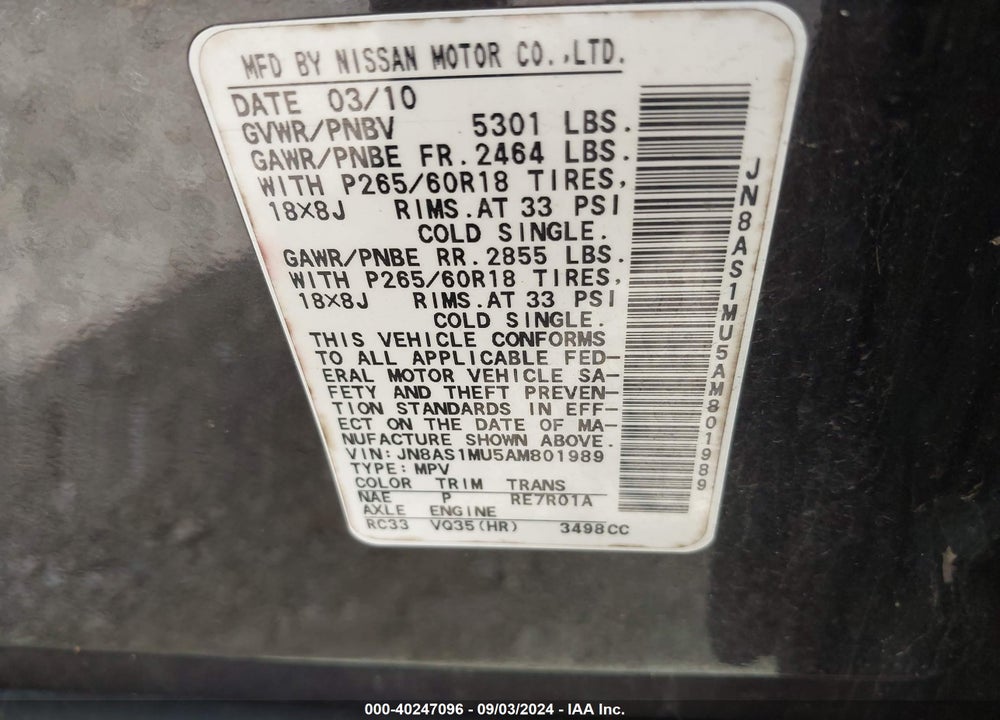 2010 INFINITI FX35 VIN: JN8AS1MU5AM801989