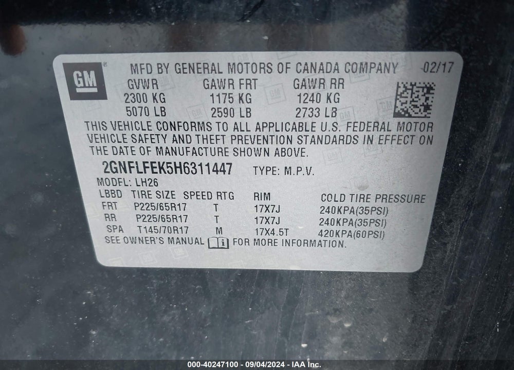 2017 CHEVROLET EQUINOX VIN: 2GNFLFEK5H6311447