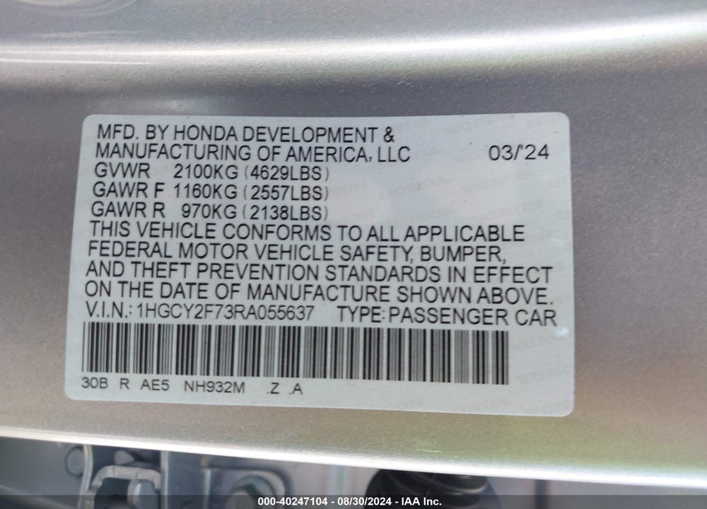 2024 HONDA ACCORD HYBRID SPORT-L VIN: 1HGCY2F73RA055637