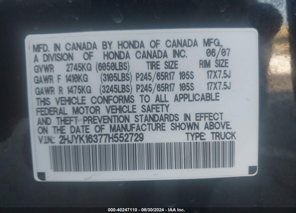 2007 HONDA RIDGELINE RTX VIN: 2HJYK16377H552729