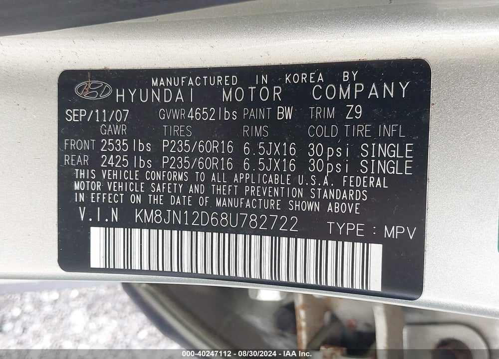 2008 HYUNDAI TUCSON LIMITED V6/SE VIN: KM8JN12D68U782722