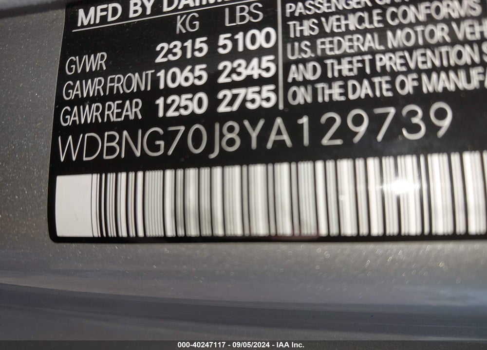 2000 MERCEDES-BENZ S 430 VIN: WDBNG70J8YA129739