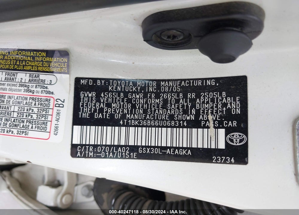2006 TOYOTA AVALON XLS VIN: 4T1BK36B66U068314