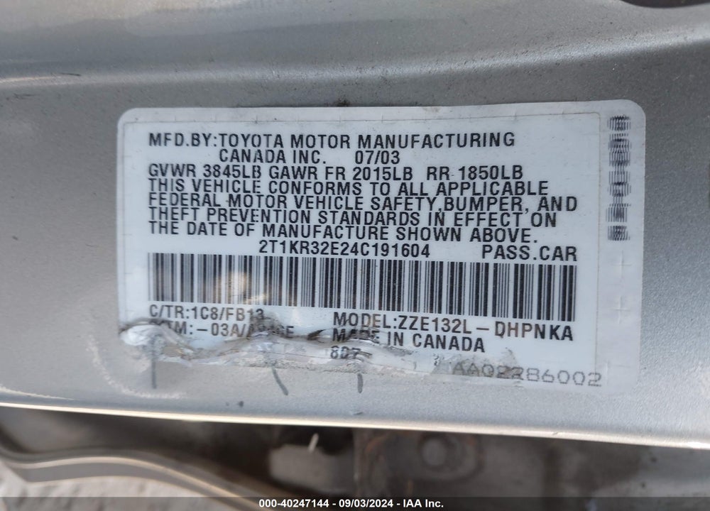 2004 TOYOTA MATRIX VIN: 2T1KR32E24C191604
