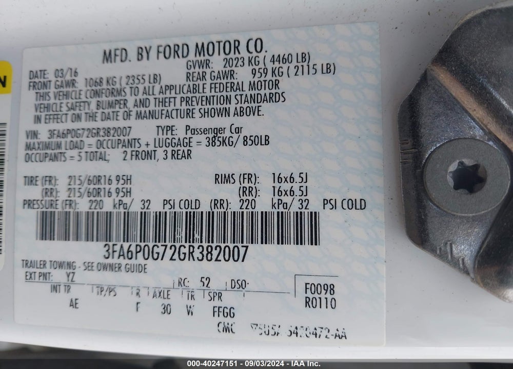 2016 FORD FUSION S VIN: 3FA6P0G72GR382007