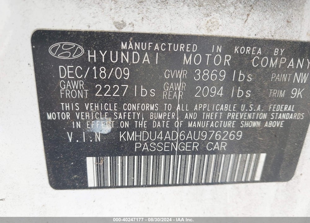 2010 HYUNDAI ELANTRA VIN: KMHDU4AD6AU976269