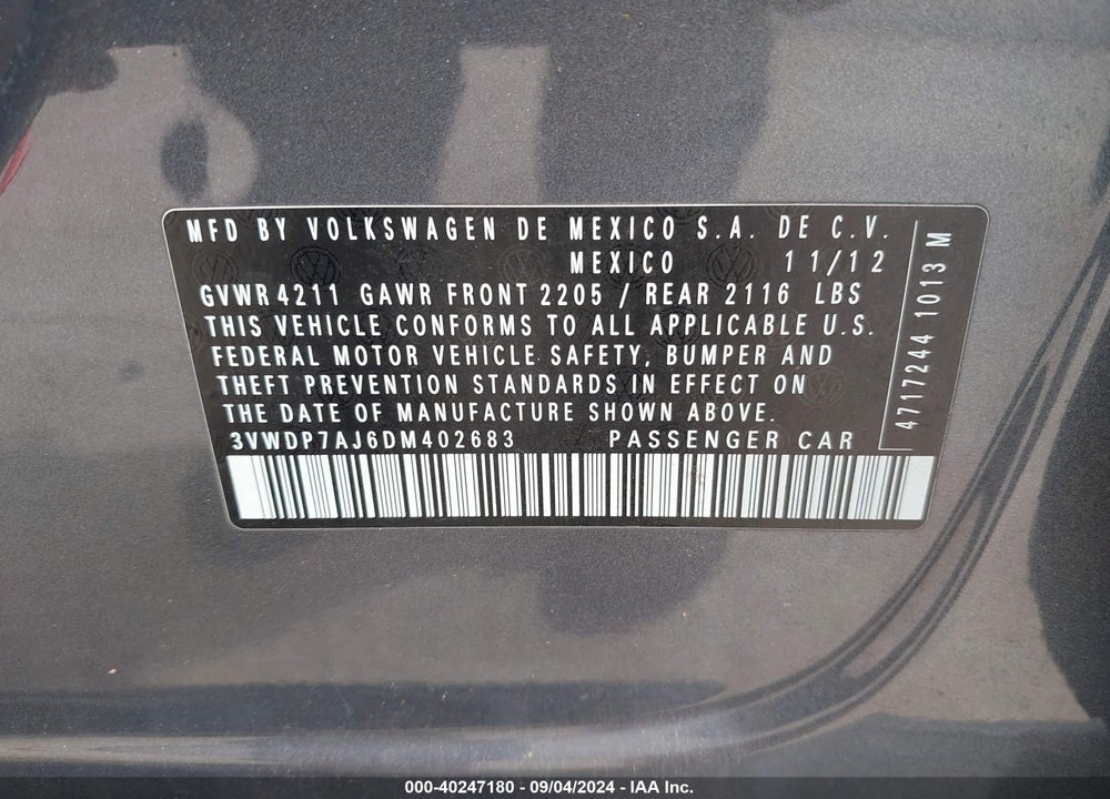 2013 VOLKSWAGEN JETTA 2.5L SE VIN: 3VWDP7AJ6DM402683