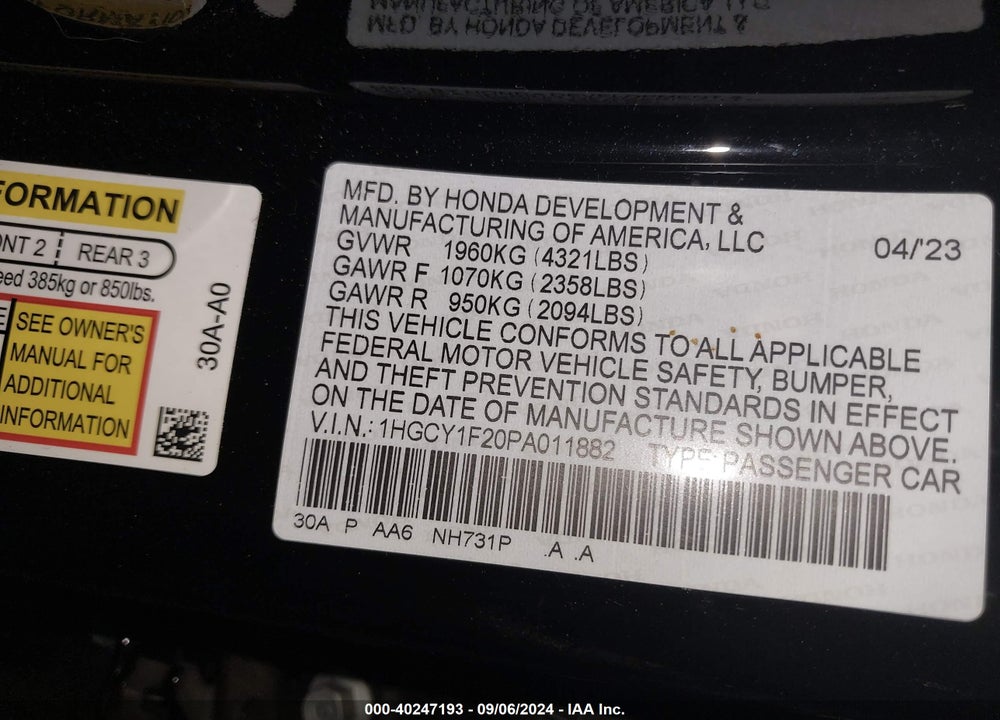 2023 HONDA ACCORD LX VIN: 1HGCY1F20PA011882