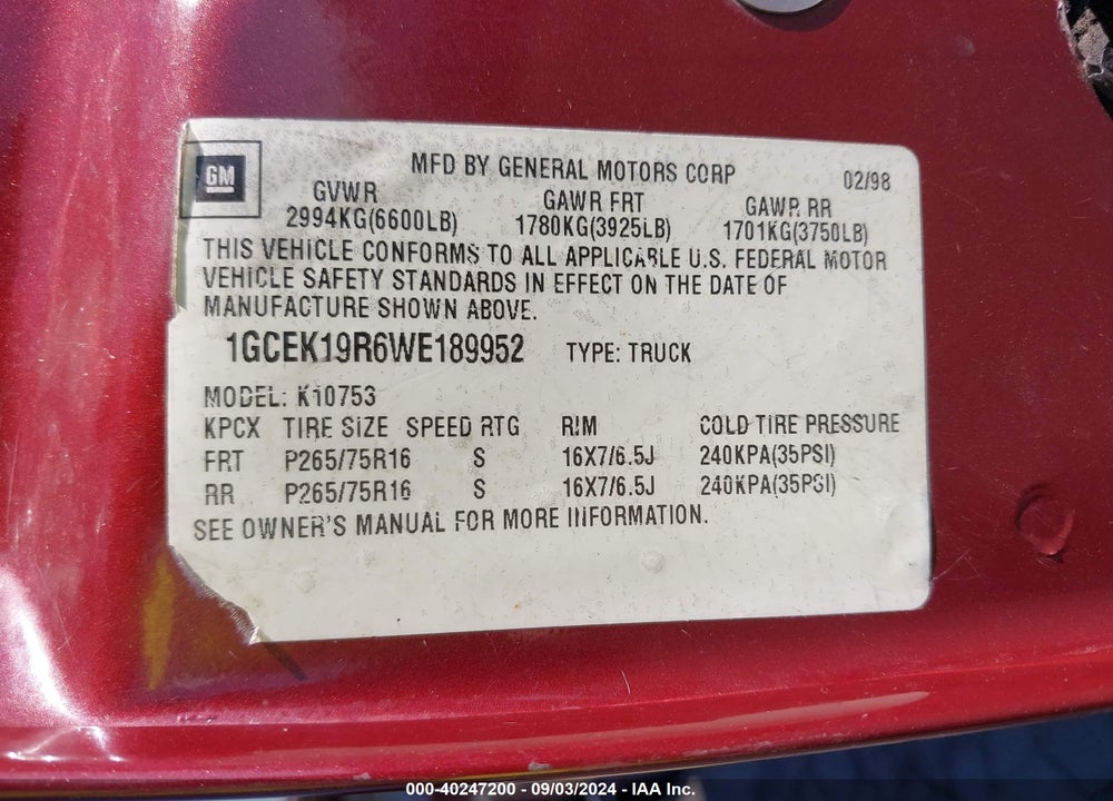 1998 CHEVROLET K1500 FLEETSIDE VIN: 1GCEK19R6WE189952
