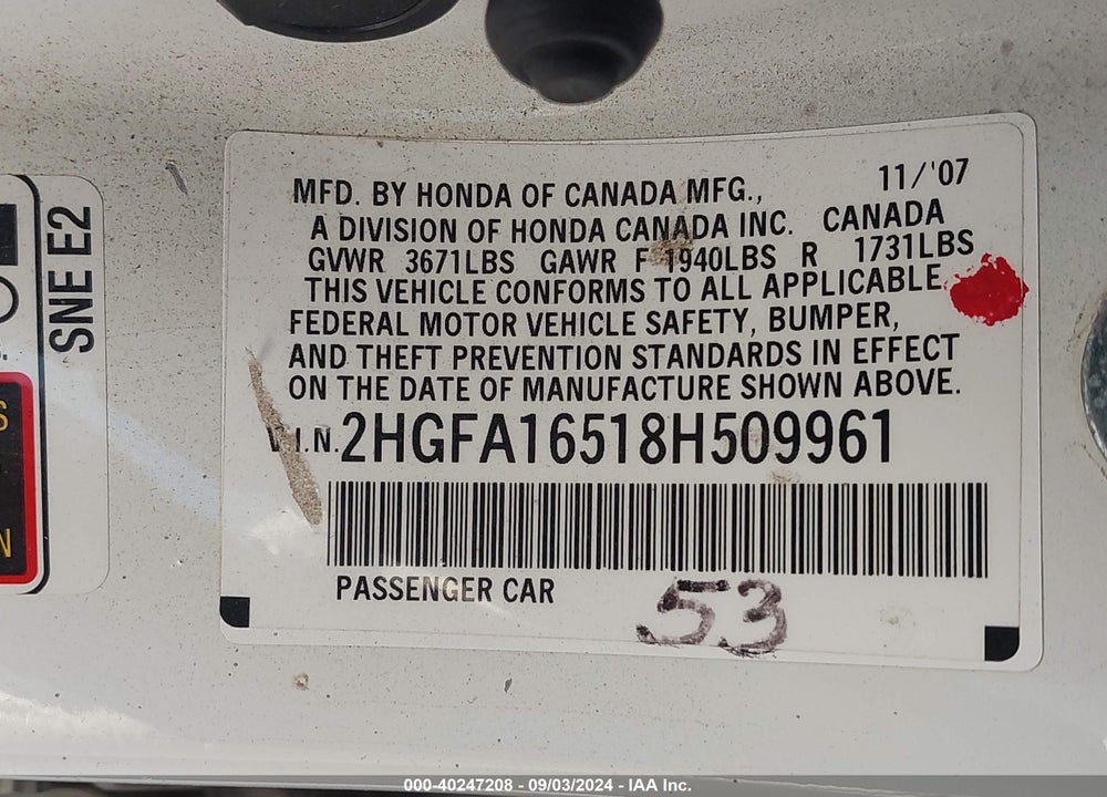 2008 HONDA CIVIC LX VIN: 2HGFA16518H509961
