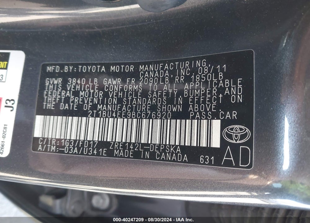 2011 TOYOTA COROLLA S VIN: 2T1BU4EE9BC676920
