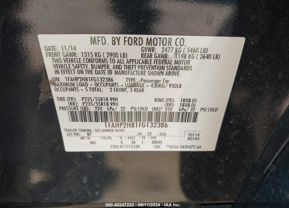 2015 FORD TAURUS SEL VIN: 1FAHP2H81FG132386