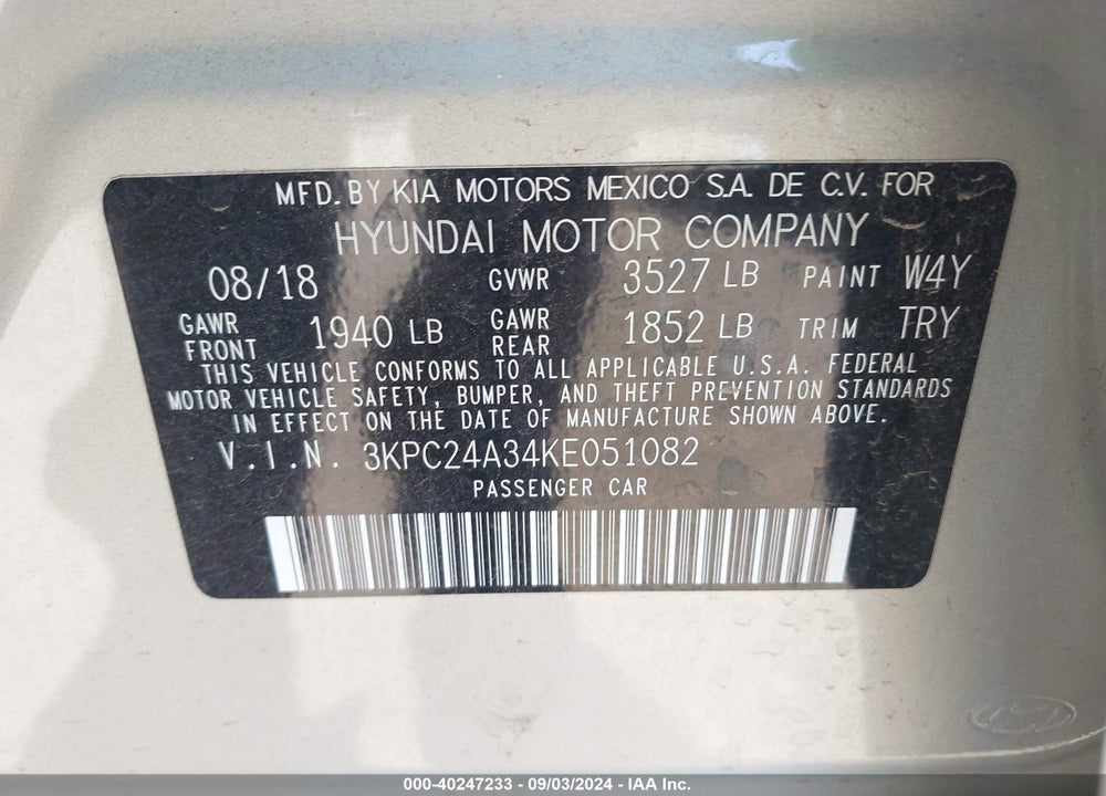 2019 HYUNDAI ACCENT SEL VIN: 3KPC24A34KE051082