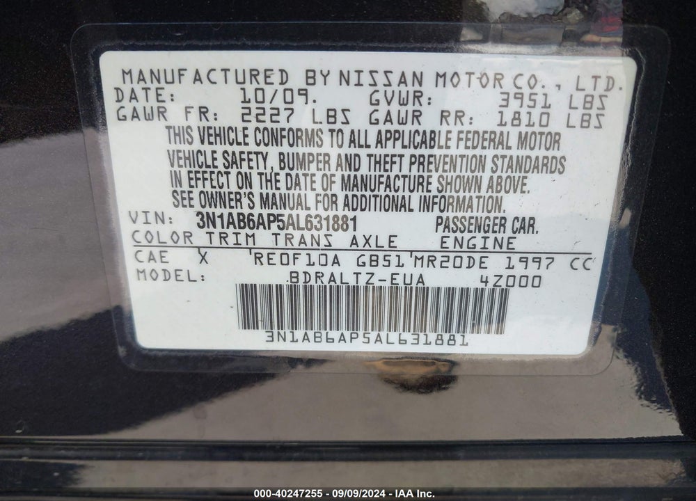 2010 NISSAN SENTRA VIN: 3N1AB6AP5AL631881