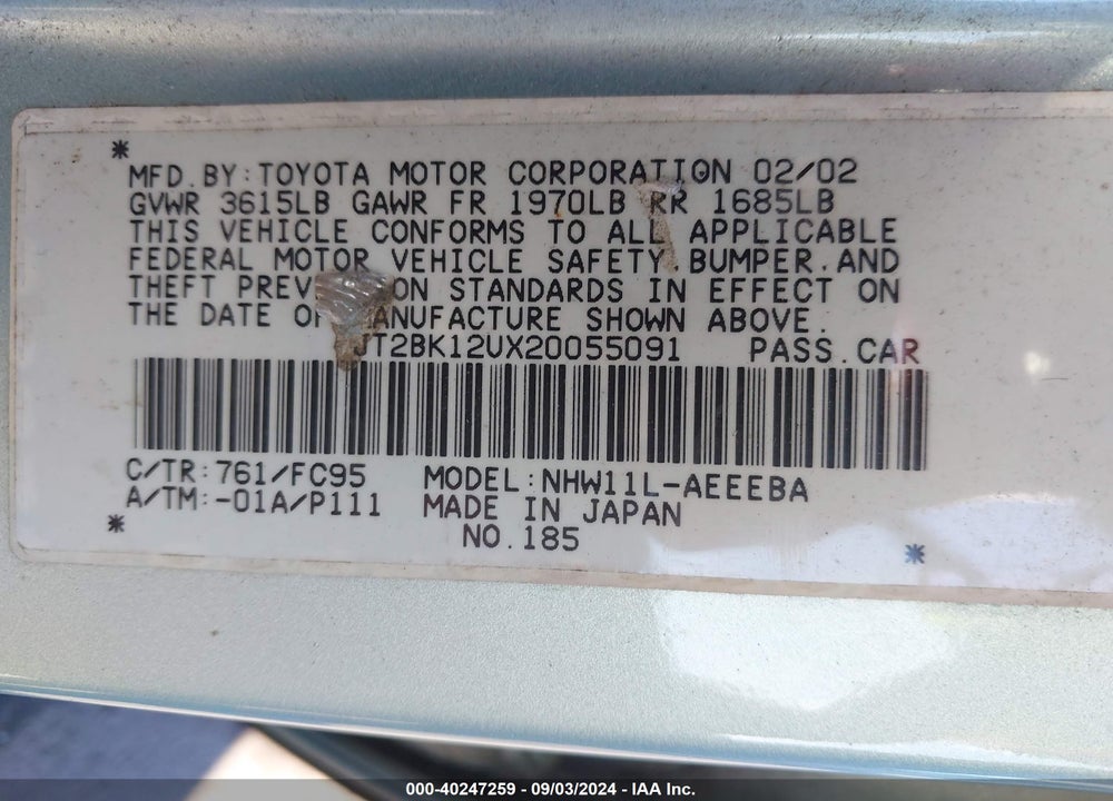 2002 TOYOTA PRIUS VIN: JT2BK12UX20055091