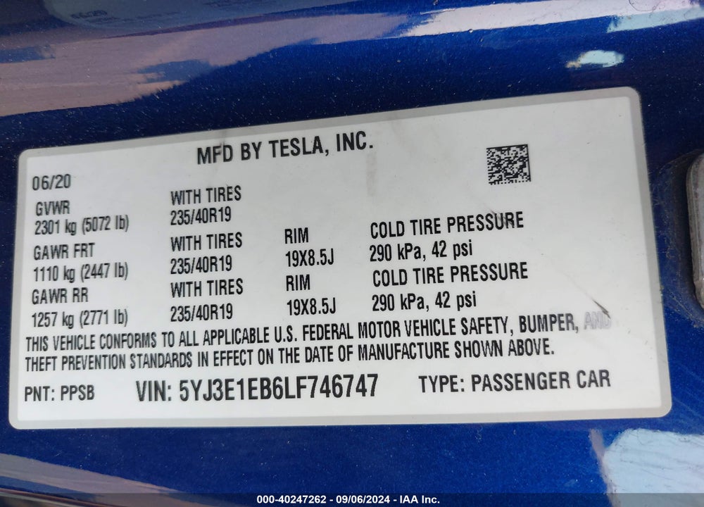 2020 TESLA MODEL 3 LONG RANGE DUAL MOTOR ALL-WHEEL DRIVE VIN: 5YJ3E1EB6LF746747