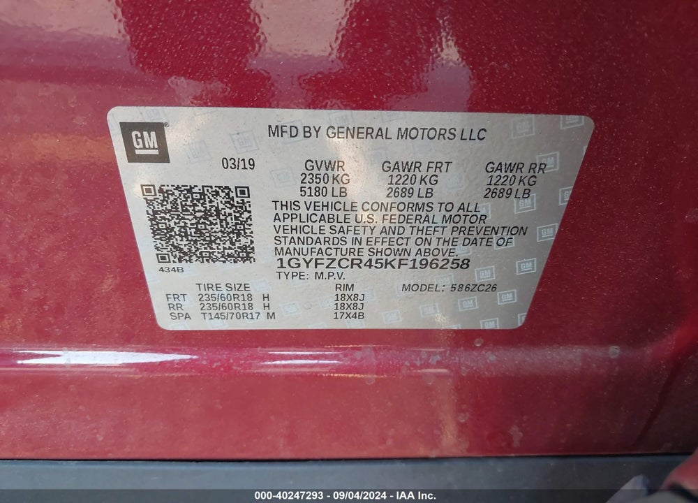 2019 CADILLAC XT4 PREMIUM LUXURY VIN: 1GYFZCR45KF196258