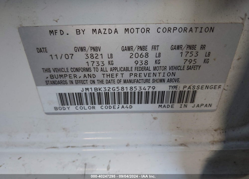 2008 MAZDA 3 I VIN: JM1BK32G581853479