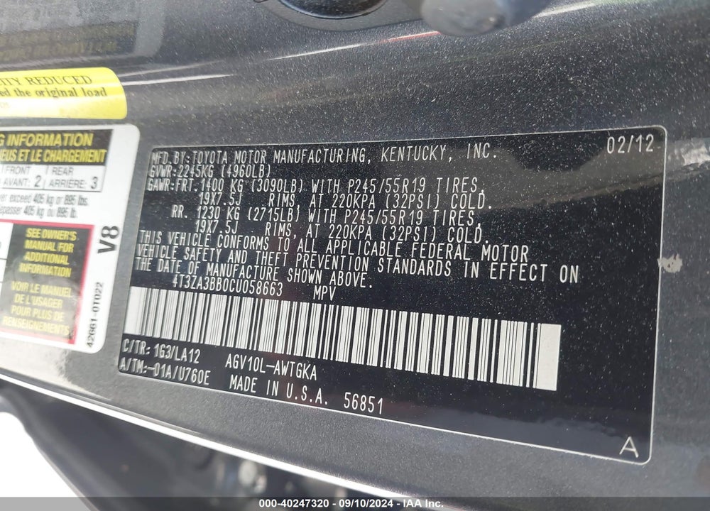 2012 TOYOTA VENZA XLE VIN: 4T3ZA3BB0CU058663