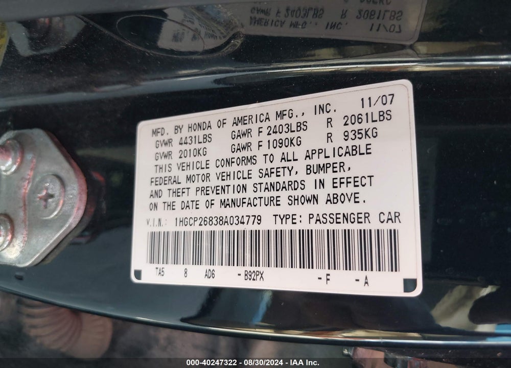 2008 HONDA ACCORD 2.4 EX-L VIN: 1HGCP26838A034779