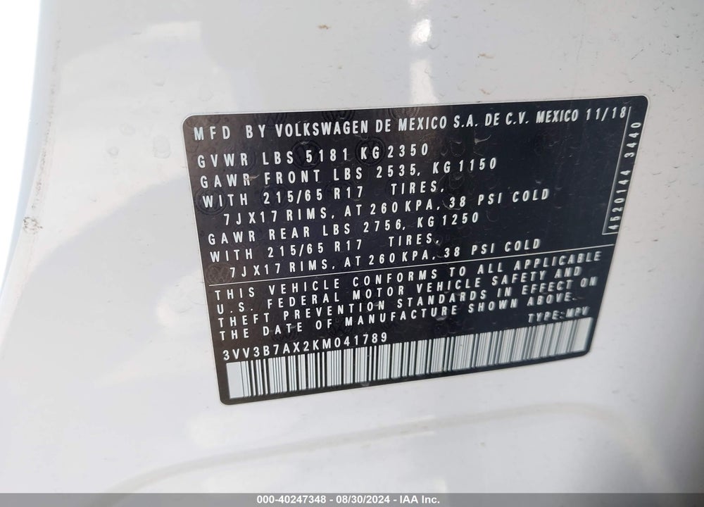 2019 VOLKSWAGEN TIGUAN 2.0T SE/2.0T SEL/2.0T SEL R-LINE/2.0T SEL R-LINE BLACK VIN: 3VV3B7AX2KM041789