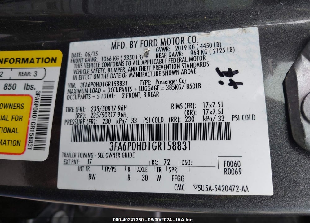 2016 FORD FUSION SE VIN: 3FA6P0HD1GR158831