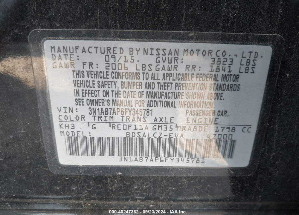2015 NISSAN SENTRA S VIN: 3N1AB7AP6FY345781