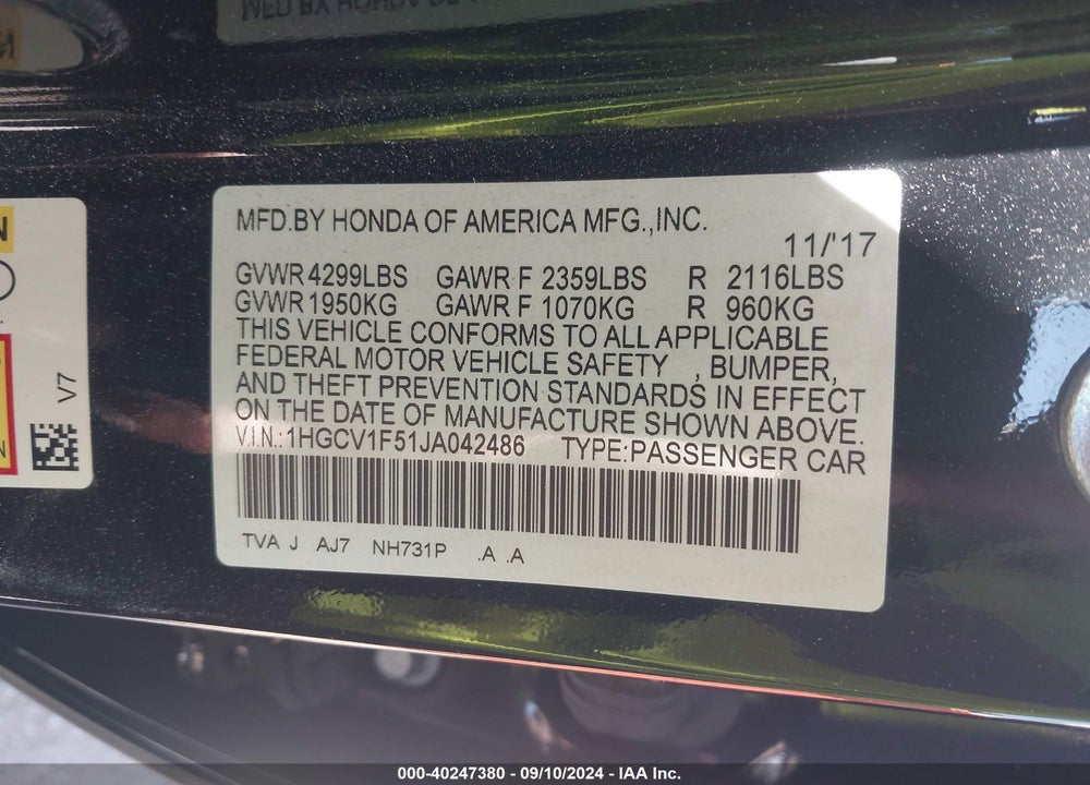 2018 HONDA ACCORD EX-L VIN: 1HGCV1F51JA042486