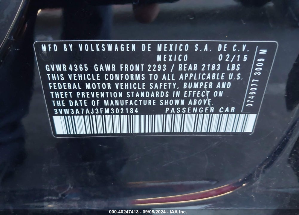 2015 VOLKSWAGEN JETTA 2.0L TDI S/2.0L TDI SE/2.0L TDI SEL VIN: 3VW3A7AJ3FM302184
