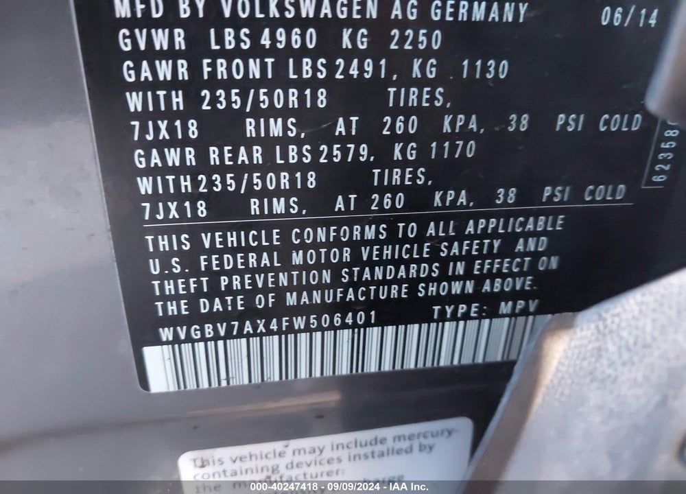 2015 VOLKSWAGEN TIGUAN SEL VIN: WVGBV7AX4FW506401