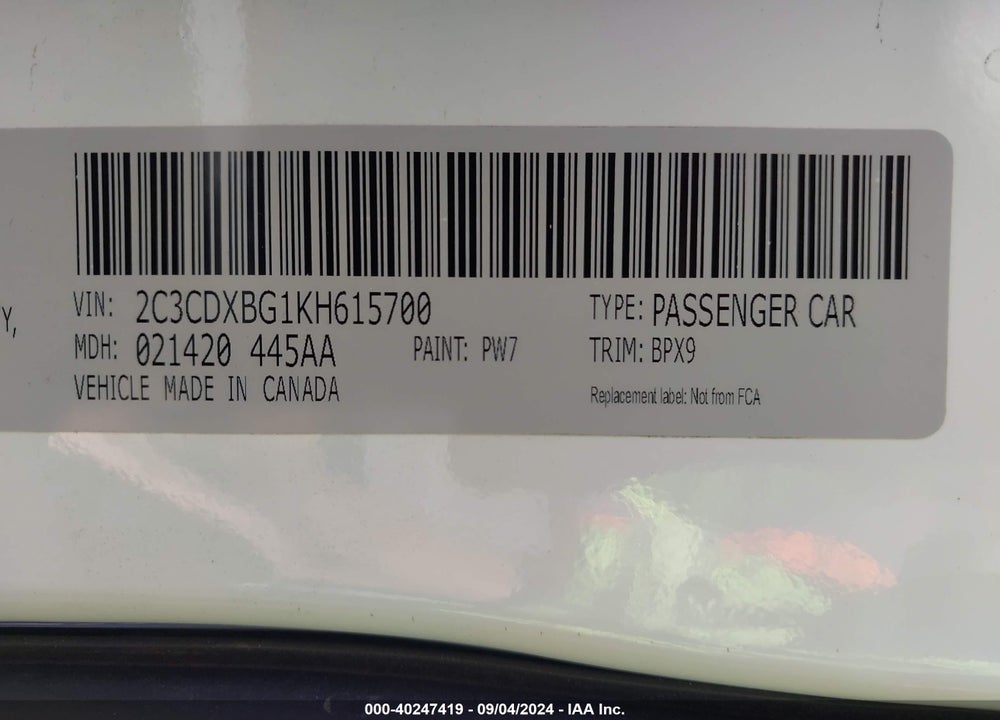 2019 DODGE CHARGER SXT RWD VIN: 2C3CDXBG1KH615700