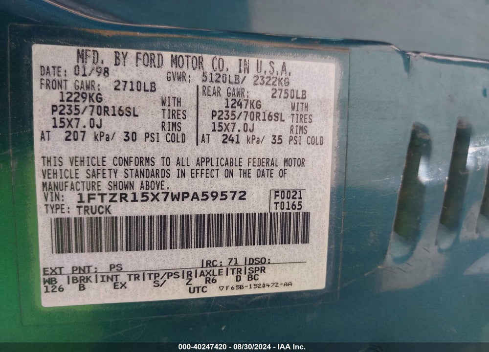 1998 FORD RANGER SPLASH/XL/XLT VIN: 1FTZR15X7WPA59572