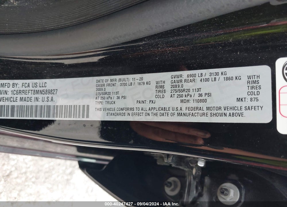 2021 RAM 1500 BIG HORN 4X2 5'7 BOX VIN: 1C6RREFT8MN589827